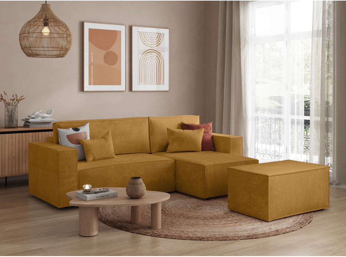 Canapé D'angle 3 Places Convertible En Lit - Velours Côtelé, Rangement, Ports USB-C, éclairage LED, Beige