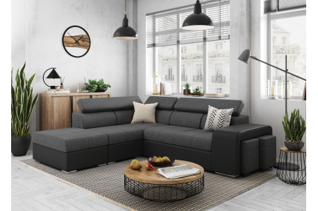 Canapé d'angle SOAN convertible en simili et tissu