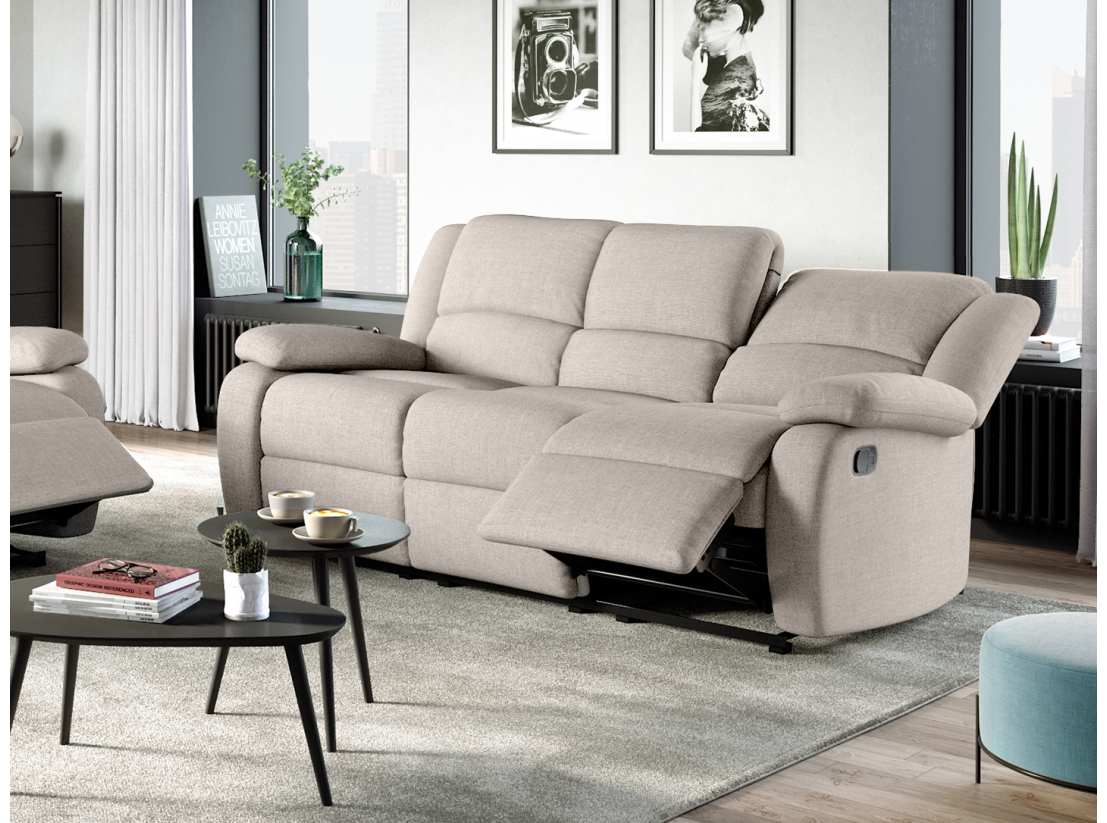 RELAXXO - Ensemble canapé relax manuel LEO 3 places + fauteuil manuel en tissu