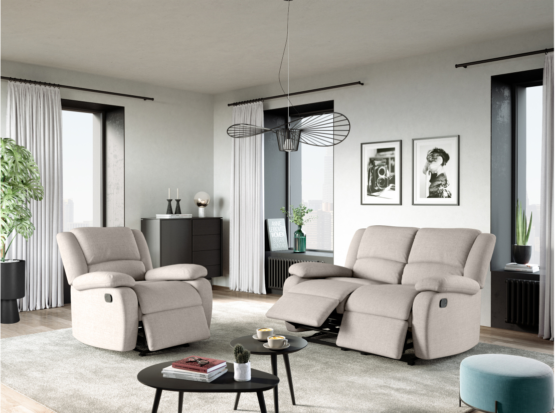 RELAXXO - Ensemble canapé relax manuel LEO 2 places + fauteuil manuel en tissu