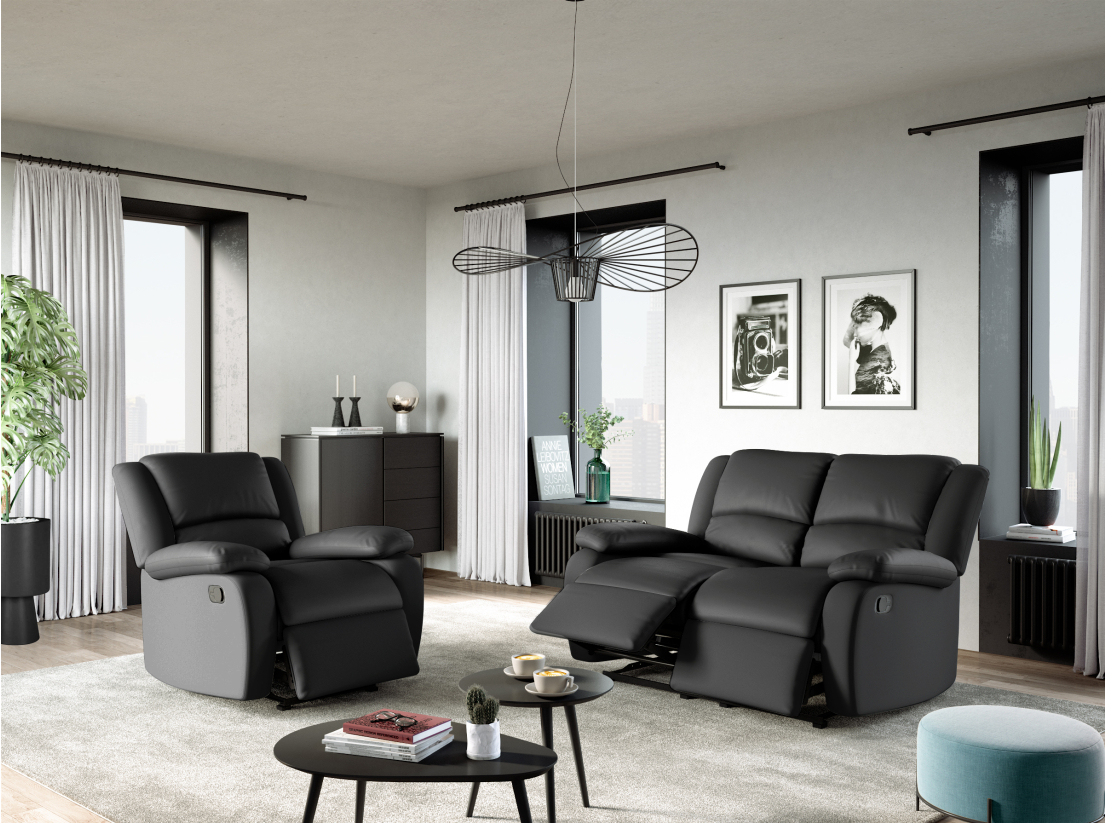 RELAXXO - Ensemble canapé relax manuel LEO 2 places + fauteuil manuel en simili