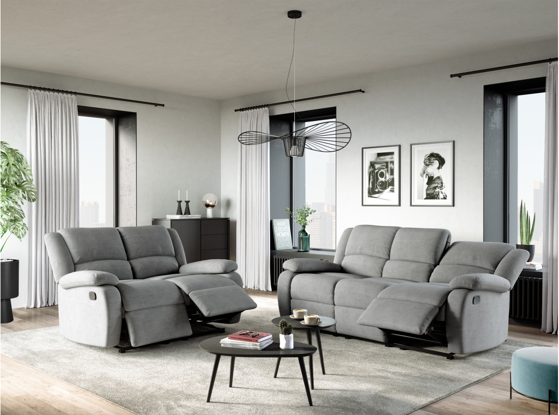 RELAXXO - Ensemble canapés relax manuels LEO 3 + 2 places en microfibre