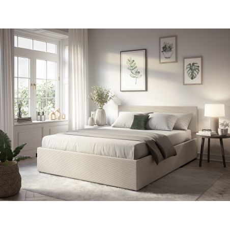 Cadre de lit EDGAR avec coffre de rangement et tête de lit en velours côtelé - Dimensions matelas : 140 x 190 cm