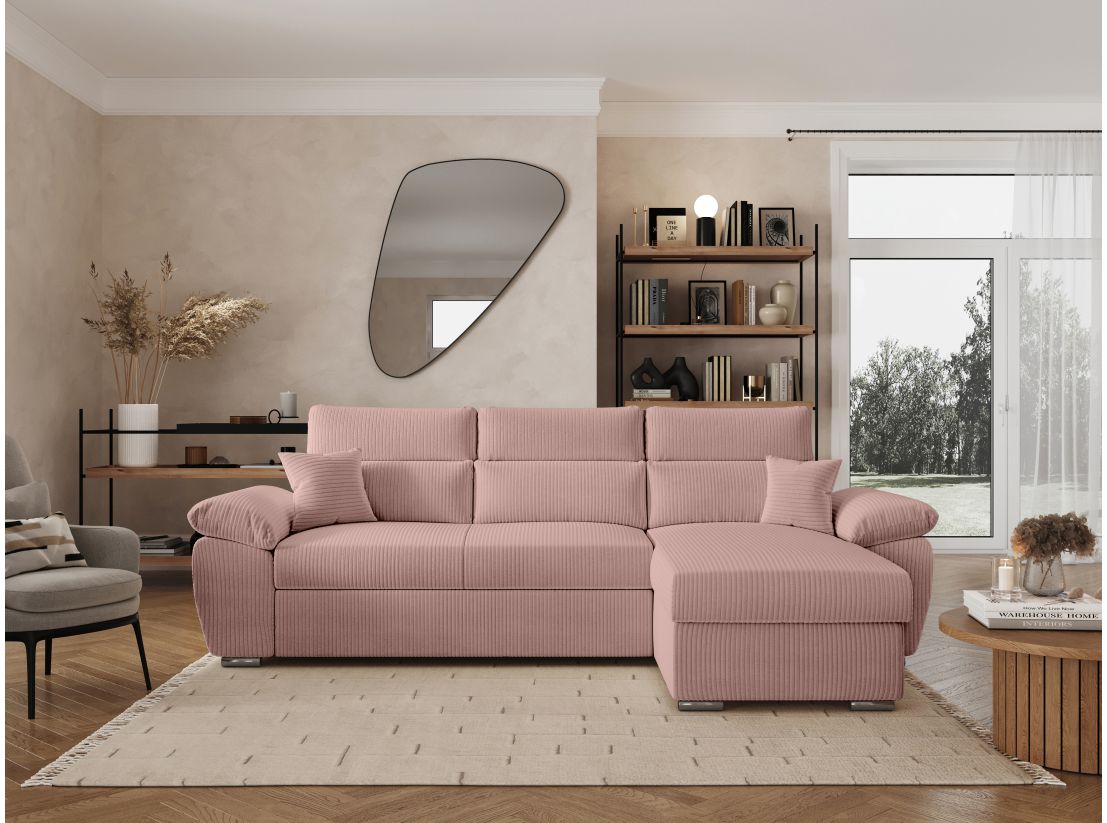 Canapé KOMECO d'angle reversible convertible avec coffre et têtières réglables en velours côtelé