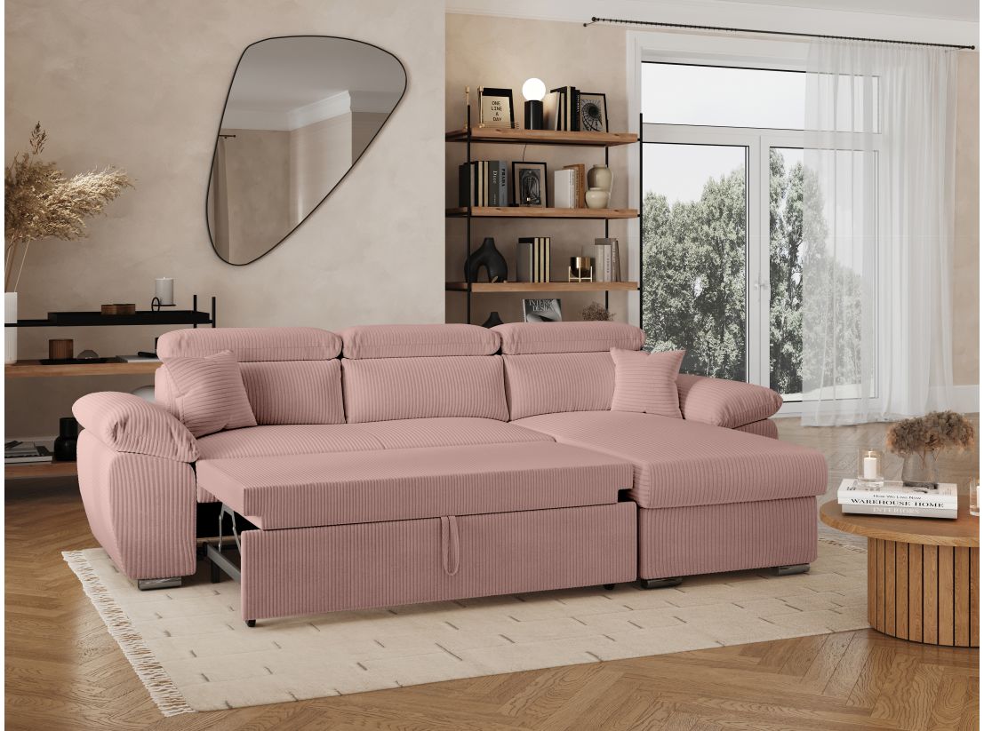 Canapé KOMECO d'angle reversible convertible avec coffre et têtières réglables en velours côtelé