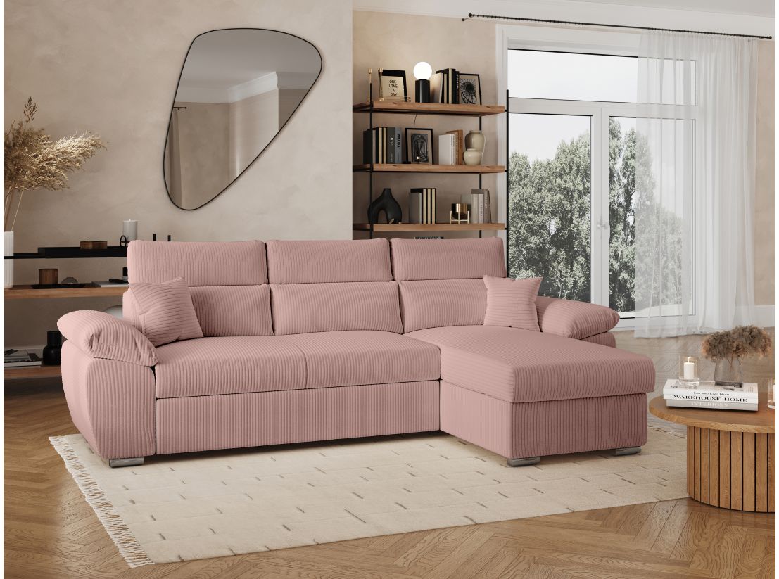 Canapé KOMECO d'angle reversible convertible avec coffre et têtières réglables en velours côtelé