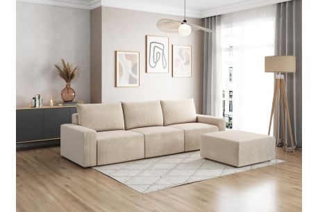PACK - Canapé droit fixe 3 places ROMANE avec pouf en velours côtelé