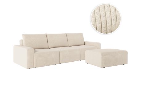 PACK - Canapé droit fixe 3 places ROMANE avec pouf en velours côtelé