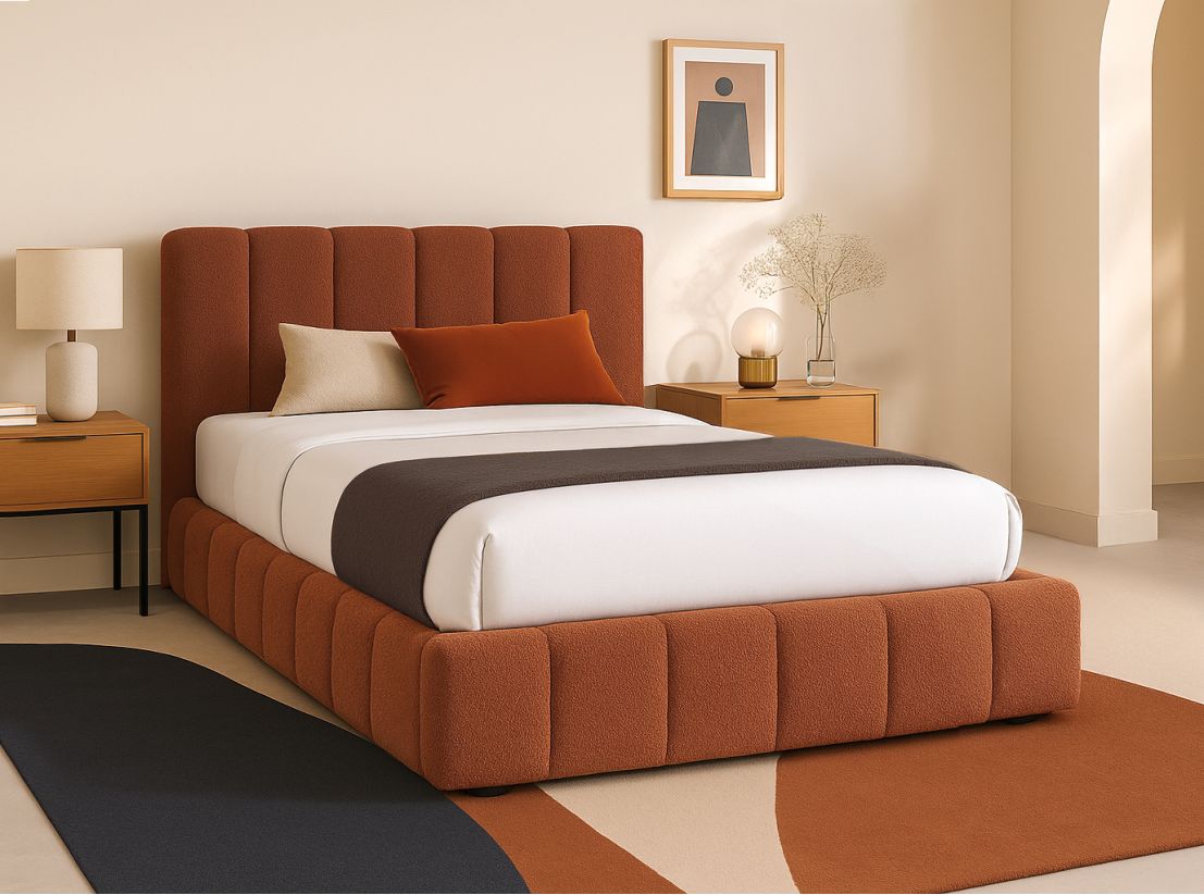 Cadre de lit rembourré BULLE avec coffre en tissu bouclette - Dimensions matelas : 160 x 200 cm