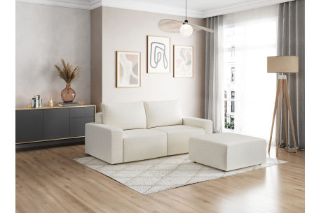 PACK - Canapé droit fixe 2 places ROMANE avec pouf en tissu