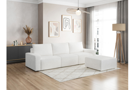 PACK - Canapé droit fixe 3 places ROMANE avec pouf en tissu bouclette