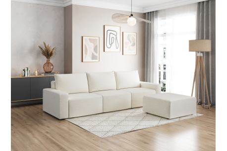 PACK - Canapé droit fixe 3 places ROMANE avec pouf en tissu