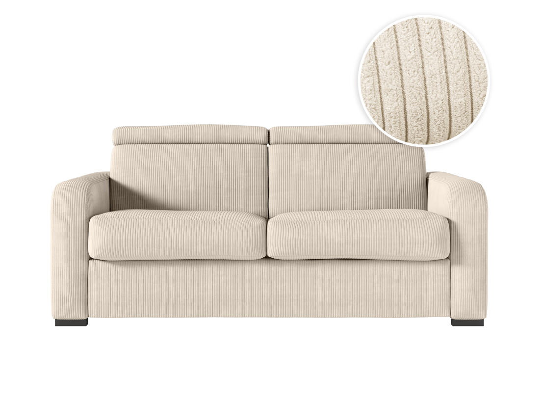 Canapé CAROLE convertible express 3 places couchage 140x190cm avec têtières réglables en velours côtelé - épaisseur matelas 13cm
