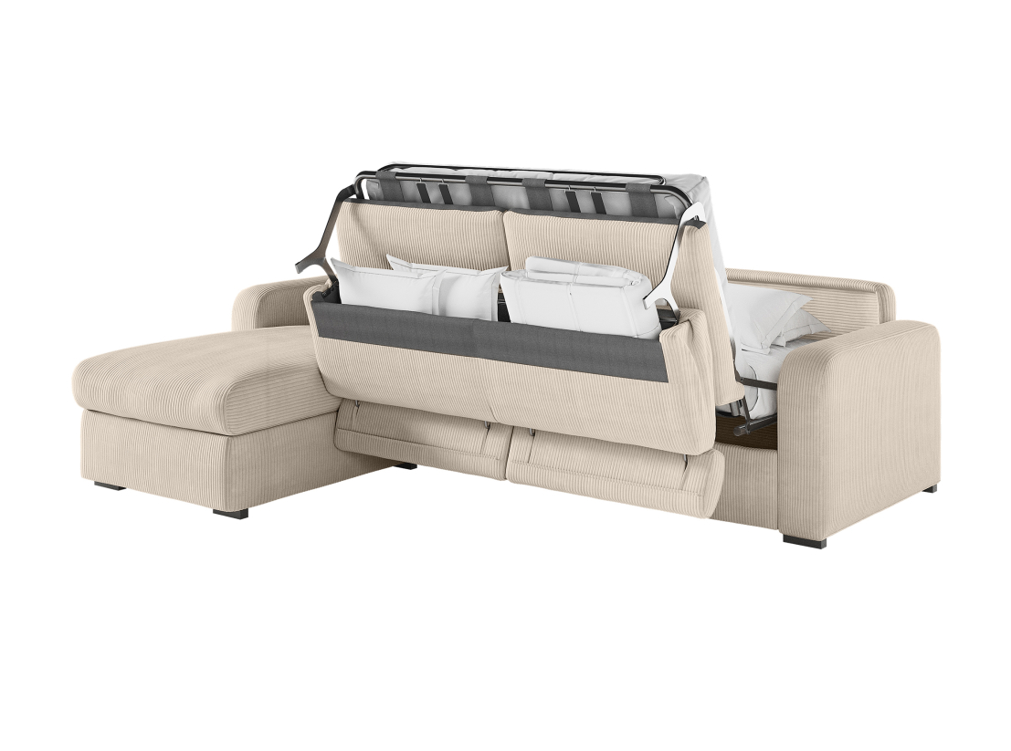 Canapé CAROLE d'angle convertible express 4 places couchage 140x190cm têtières réglables velours côtelé - épaisseur matelas 13cm