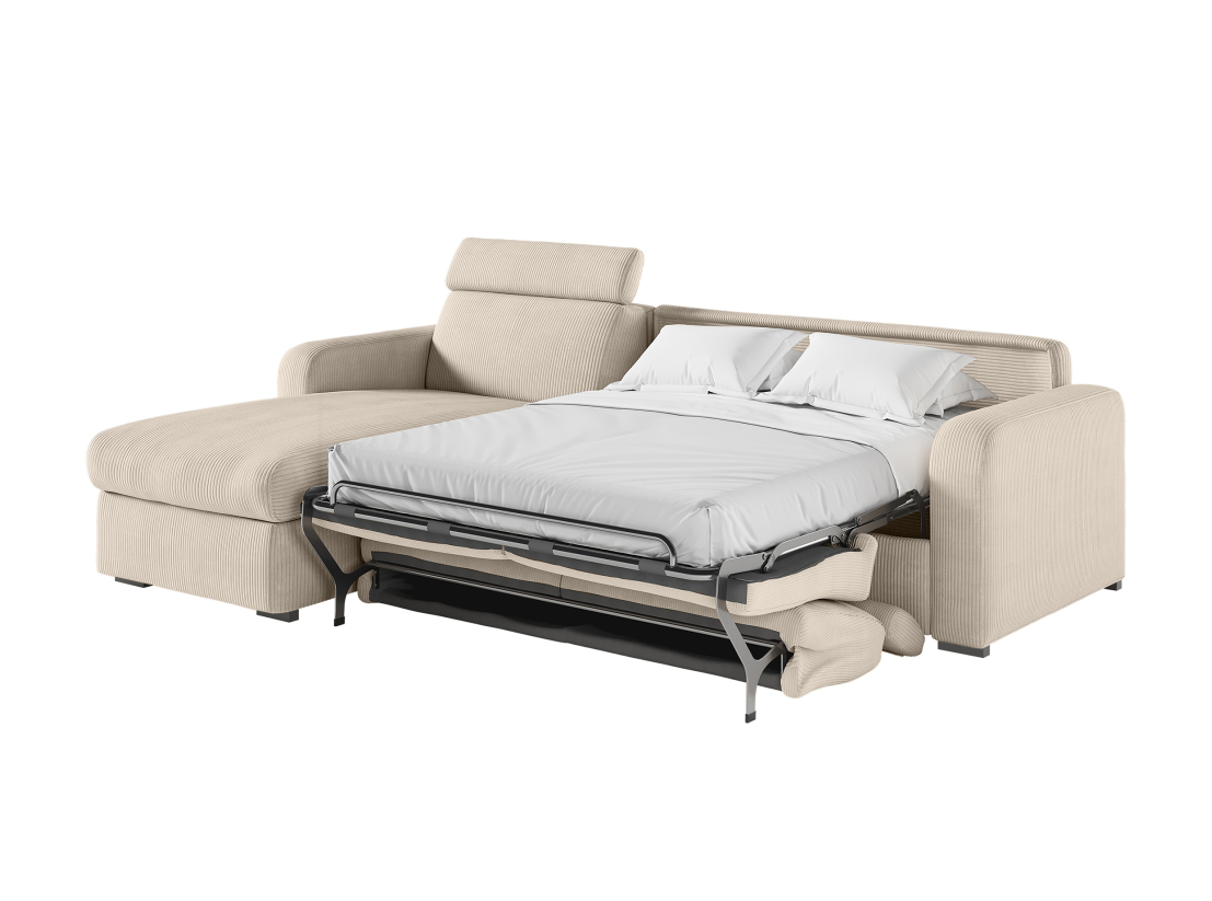 Canapé CAROLE d'angle convertible express 4 places couchage 140x190cm têtières réglables velours côtelé - épaisseur matelas 13cm