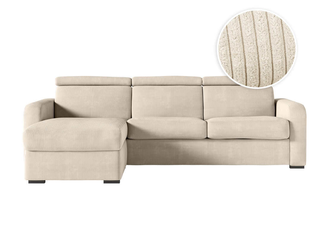 Canapé CAROLE d'angle convertible express 4 places couchage 140x190cm têtières réglables velours côtelé - épaisseur matelas 13cm