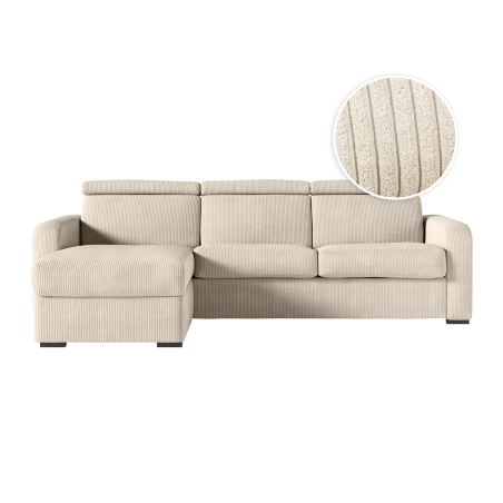 Canapé CAROLE d'angle convertible express 4 places couchage 140x190cm têtières réglables velours côtelé - épaisseur matelas 13cm