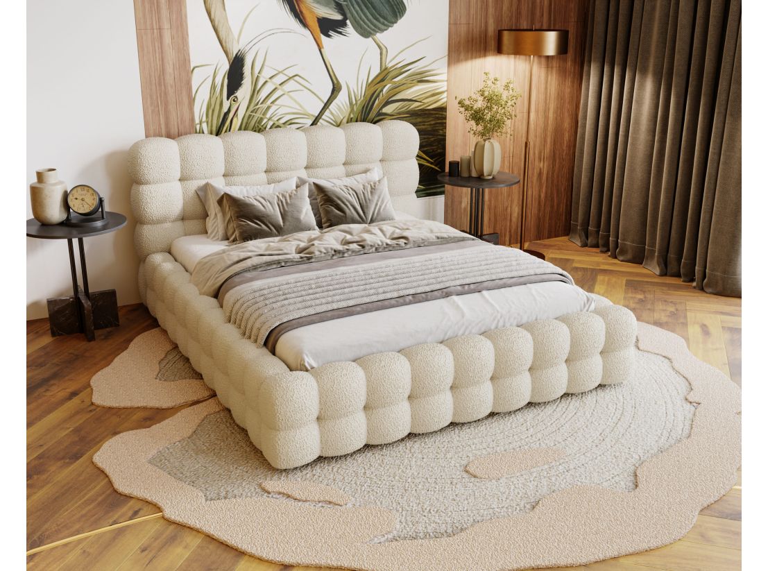 Lit coffre CARLY en tissu bouclette - Dimensions du couchage : 140 x 200 cm