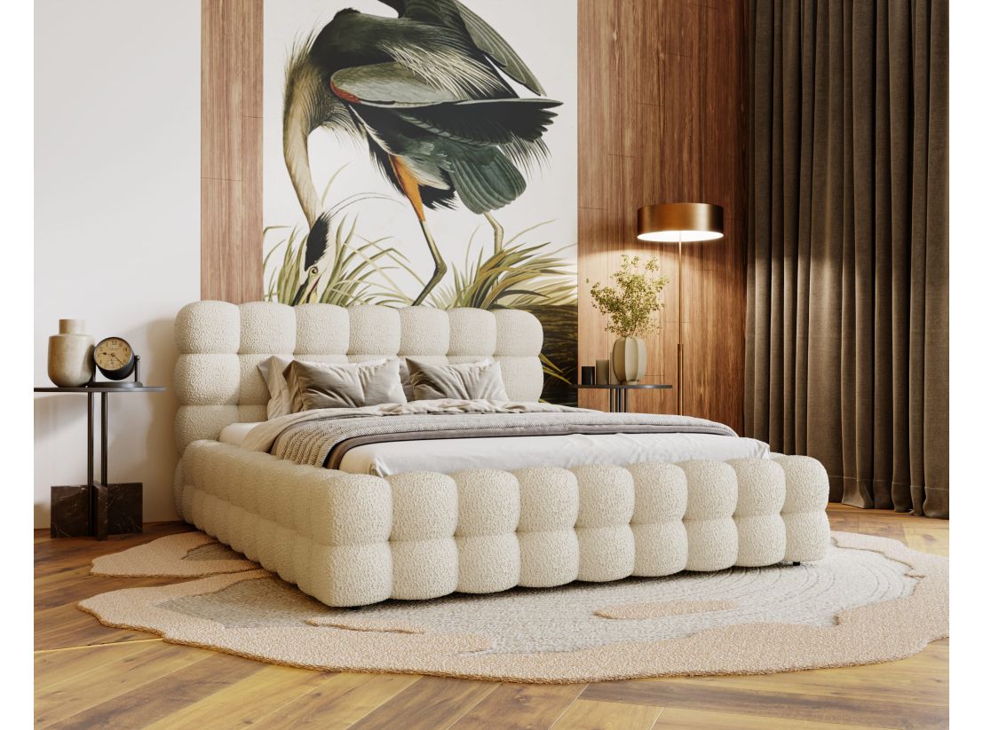 Lit coffre CARLY en tissu bouclette - Dimensions du couchage : 140 x 200 cm