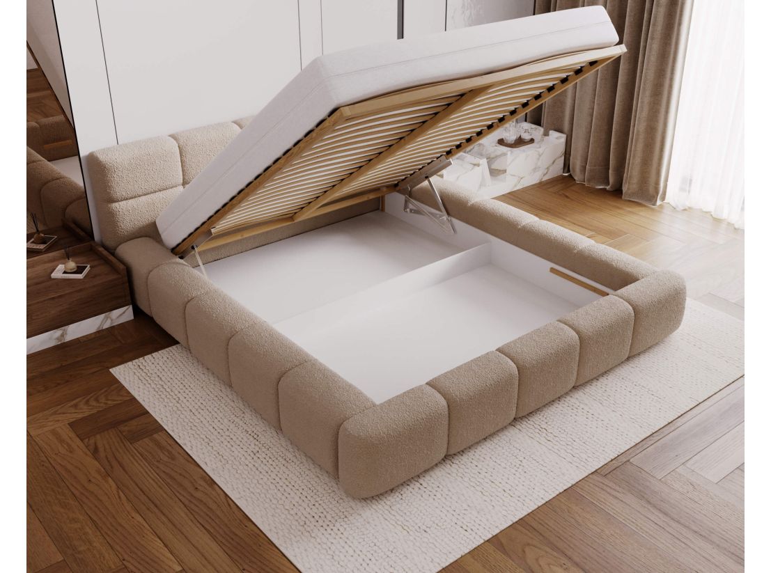 Lit coffre BELLO en tissu bouclette - Dimensions du couchage : 140 x 200 cm