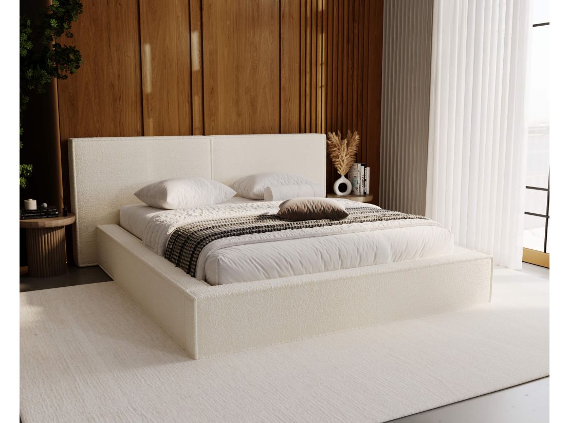 Lit avec rangement ZELIO en tissu bouclette - Dimensions du couchage : 140 x 200 cm