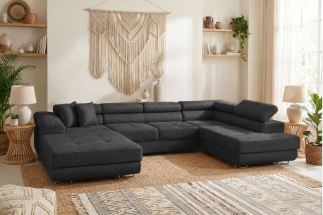 Canapé panoramique FLAVIO convertible 6 places avec 2 coffres en tissu