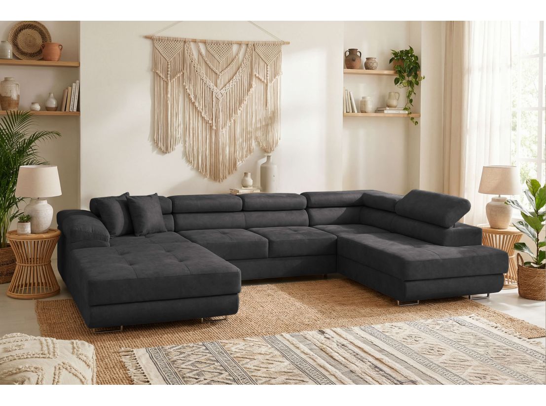 Canapé panoramique FLAVIO convertible 6 places avec 2 coffres en tissu