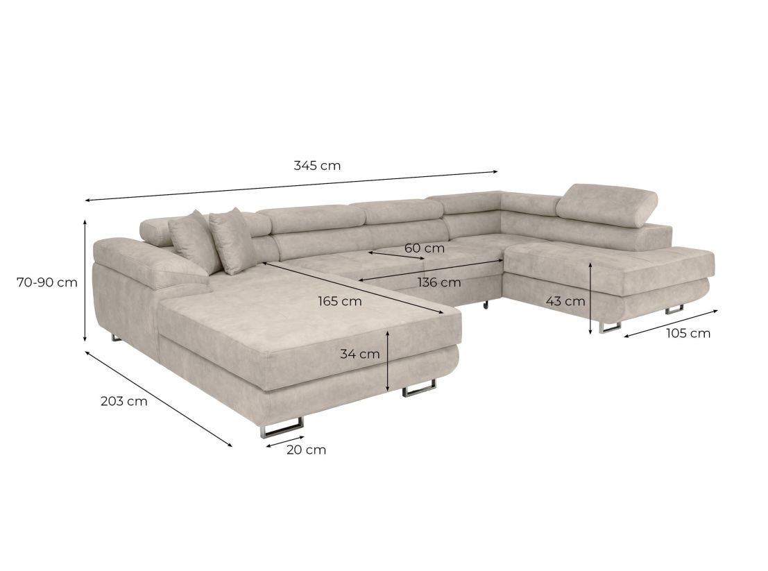 Canapé panoramique FLAVIO convertible 6 places avec 2 coffres en tissu