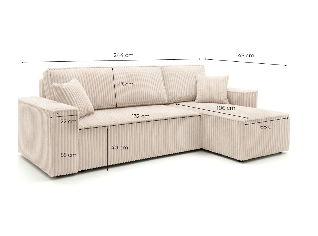 Canapé d'angle convertible 4 places FARAH réversible en velours cotelé épais