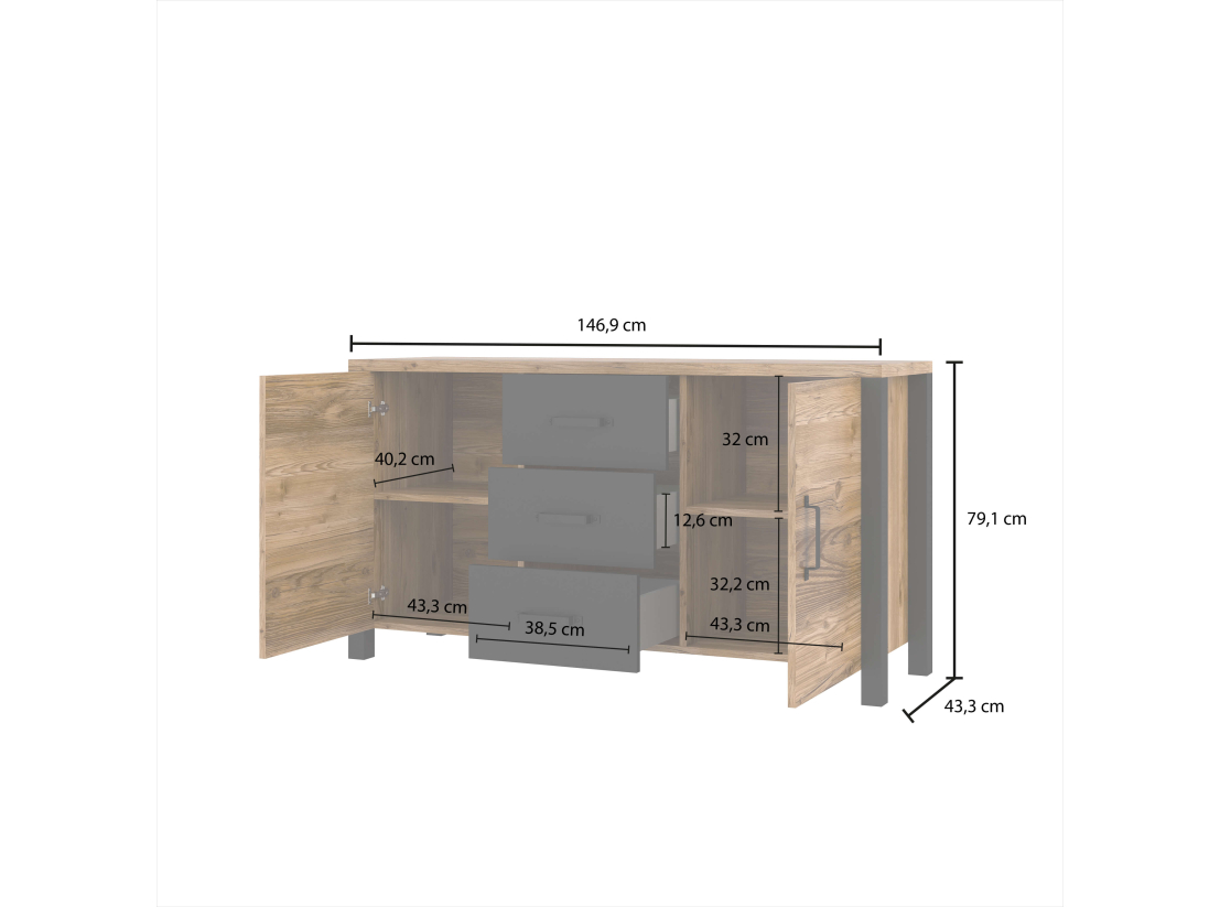 Buffet avec 2 portes et 3 tiroirs SOLAN
