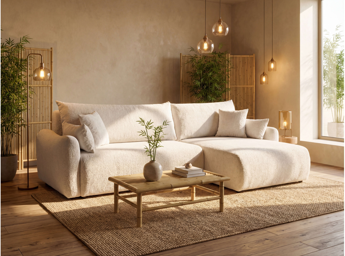 Canapé d’angle APOLINE – Tissu bouclette – Réversible, convertible et coffre intégré