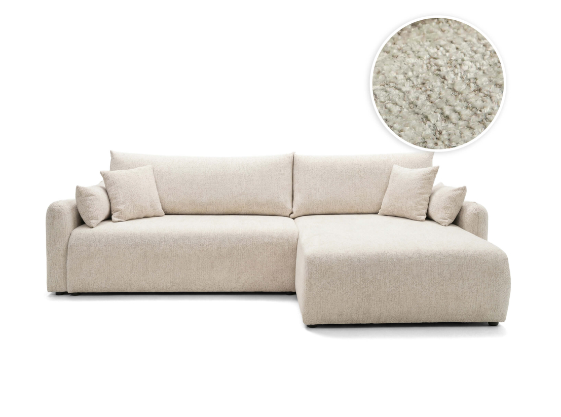 Canapé d’angle APOLINE – Tissu bouclette – Réversible, convertible et coffre intégré