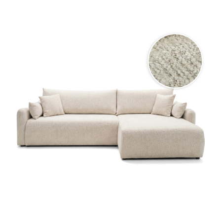 Canapé d’angle APOLINE – Tissu bouclette – Réversible, convertible et coffre intégré