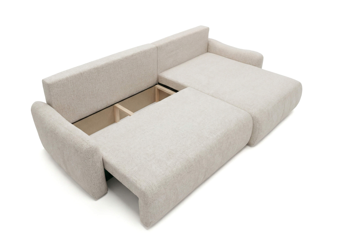 Canapé d’angle APOLINE – Tissu bouclette – Réversible, convertible et coffre intégré