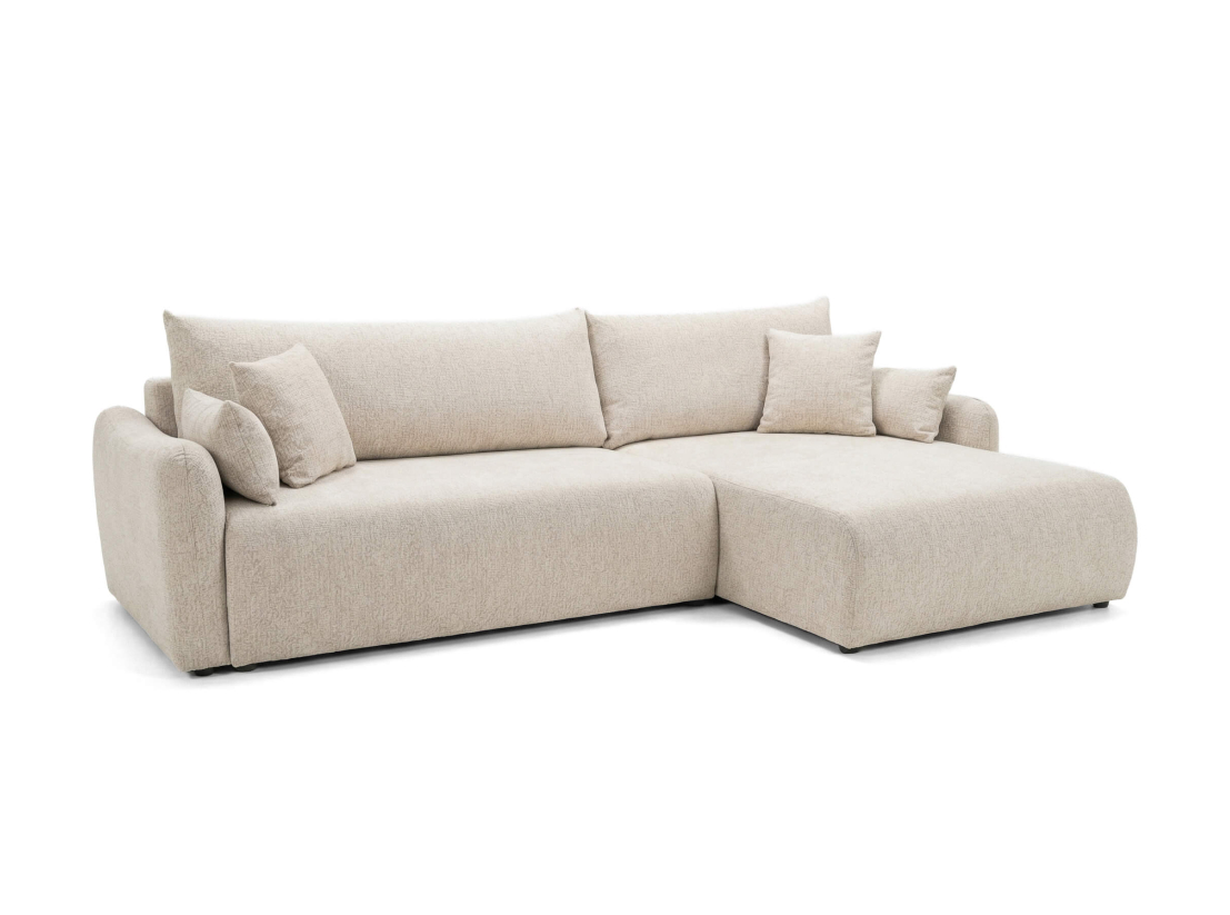 Canapé d’angle APOLINE – Tissu bouclette – Réversible, convertible et coffre intégré