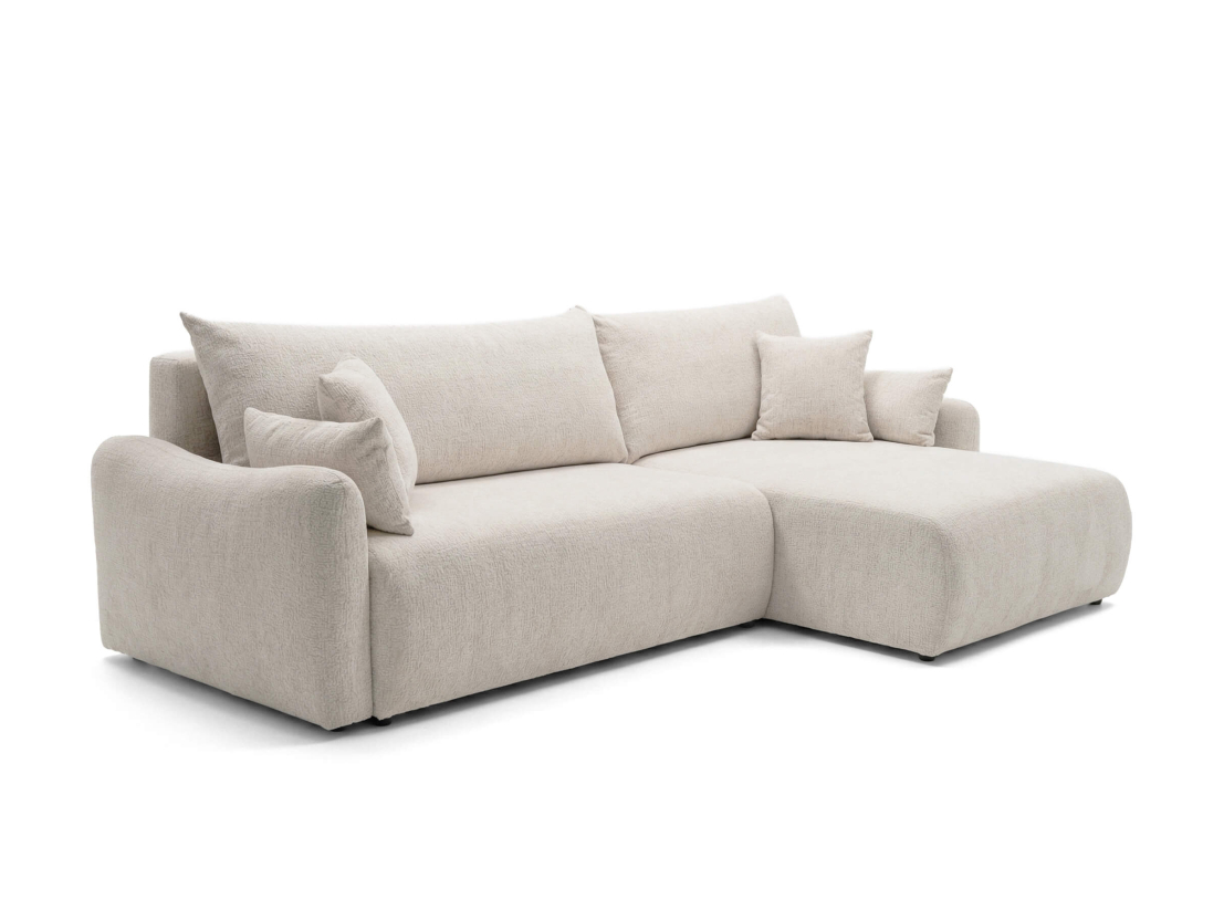 Canapé d’angle APOLINE – Tissu bouclette – Réversible, convertible et coffre intégré