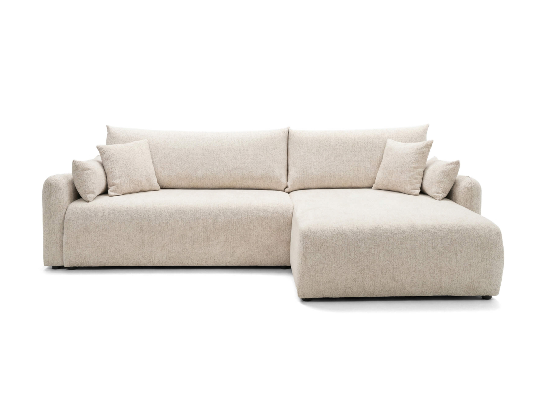 Canapé d’angle APOLINE – Tissu bouclette – Réversible, convertible et coffre intégré