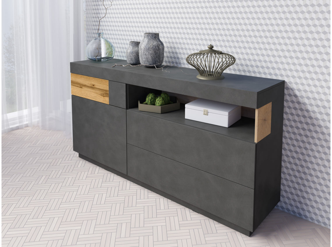 Buffet lumineux 1 porte et 3 tiroirs LUMINA – Mélaminé finition Chêne