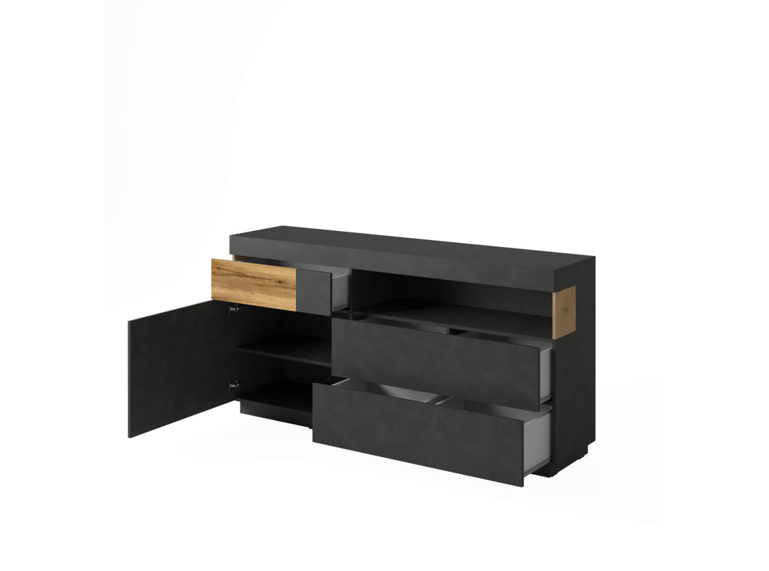 Buffet lumineux 1 porte et 3 tiroirs LUMINA – Mélaminé finition Chêne