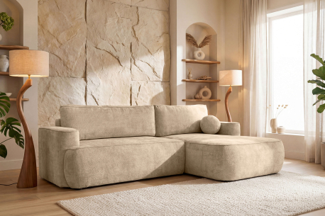 Canapé d’angle CASSIS – Tissu chenille – Coffre de rangement et déhoussable assise