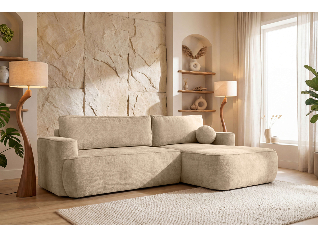 Canapé d’angle CASSIS – Tissu chenille – Coffre de rangement et déhoussable assise