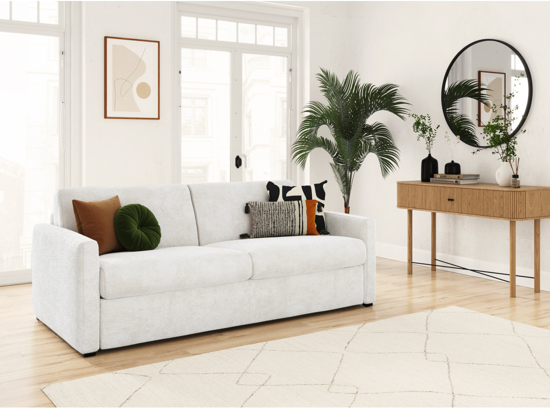 Canapé convertible express 3 places AGATHE couchage quotidien 160x190 en tissu bouclette - Matelas épaisseur 13cm