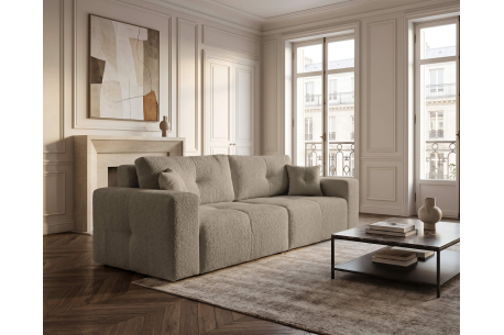 Canapé droit CELINE – Tissu bouclette – Convertible avec coffre de rangement
