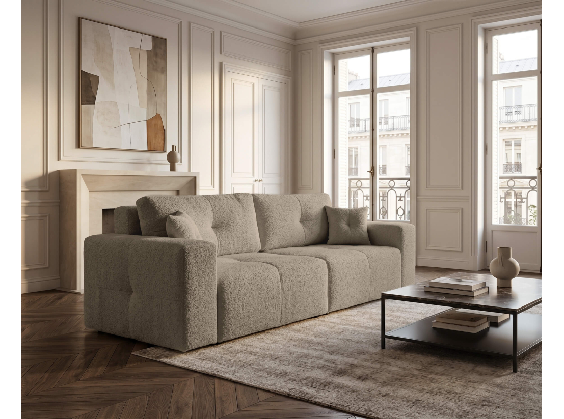 Canapé droit CELINE – Tissu bouclette – Convertible avec coffre de rangement