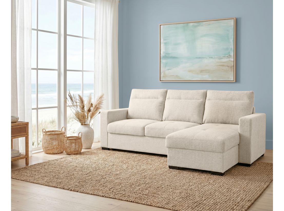 Canapé d’angle convertible SOLARO – Tissu – Réversible et coffre intégré