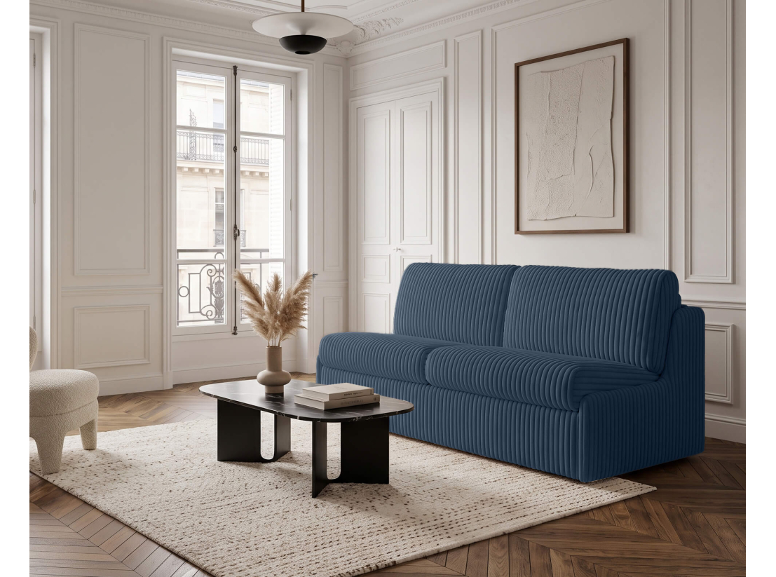 Canapé convertible express 3 places AGATHE couchage quotidien 140x190cm sans accoudoirs en velours côtelé épais