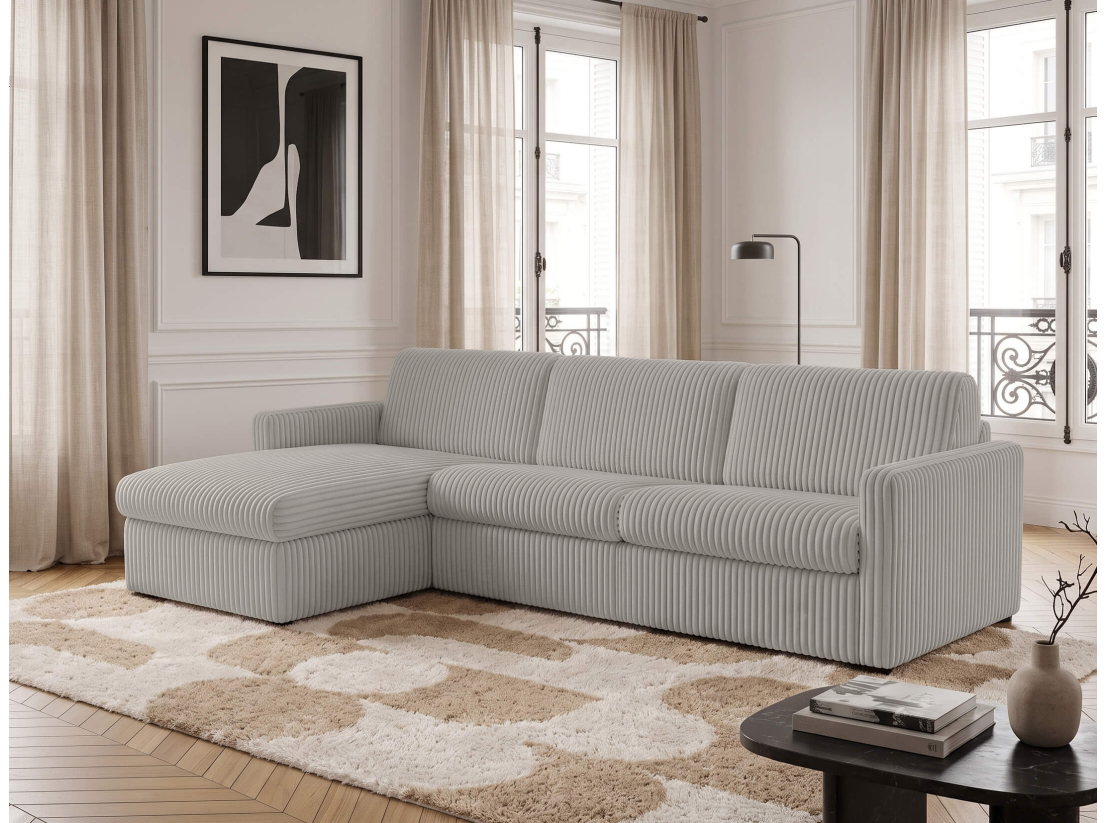 Canapé d'angle réversible convertible express 4 places AGATHE couchage quotidien 140x190cm en velours côtelé épais