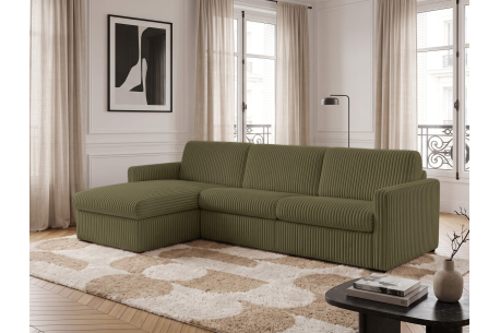 Canapé d'angle réversible convertible express 4 places AGATHE couchage quotidien 140x190cm en velours côtelé épais