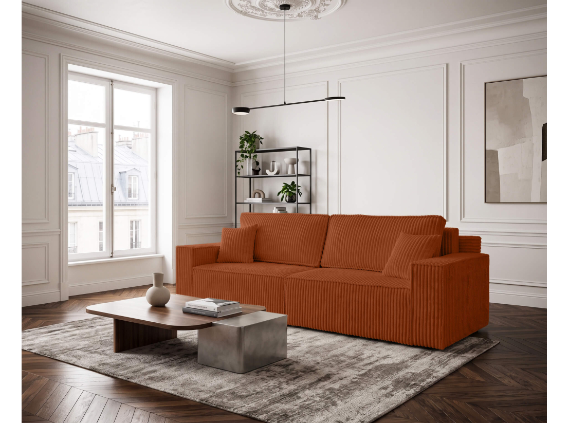 Canapé droit FARAH - Velours côtelé épais - Convertible avec 2 coffres de rangement et une assise profonde