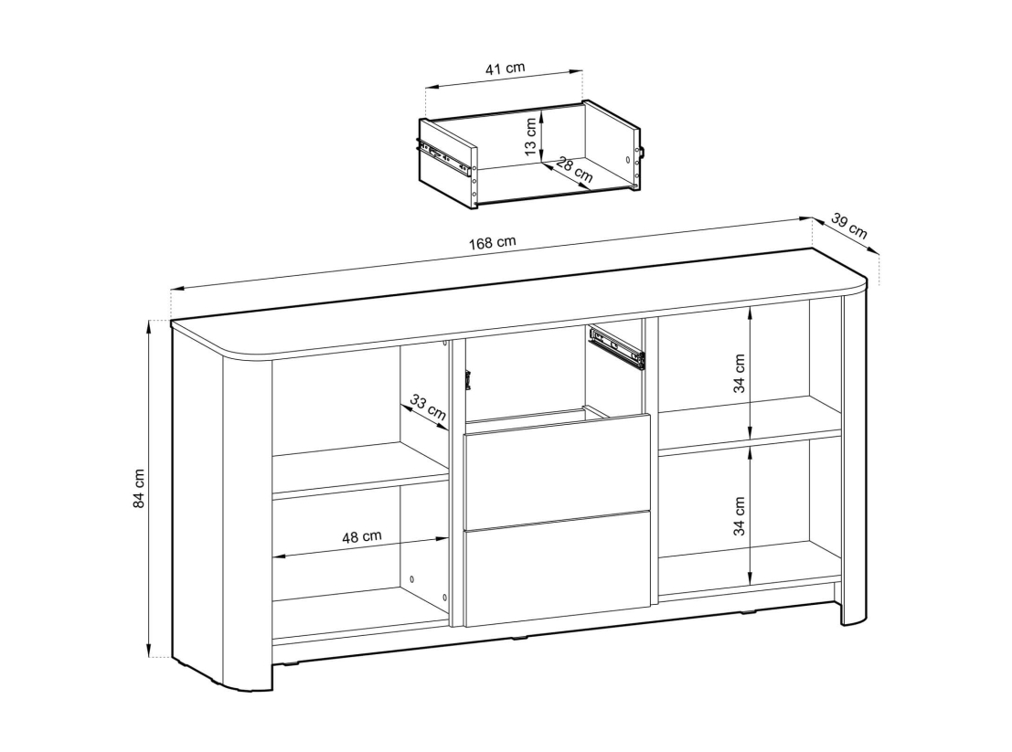 Buffet bas SAVIO - 2 portes, 3 tiroirs et 4 étagères